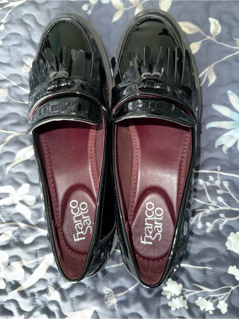 Franco Sarto Black Patent Fringe Tassel Loafers